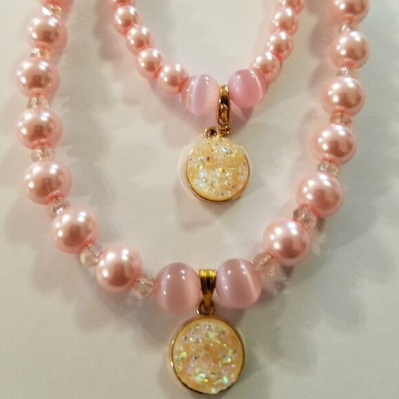 Hand Crafted Necklace & Bracelet Pink Pearl Crystals Cats Eye with Pendant - Picture 1 of 9
